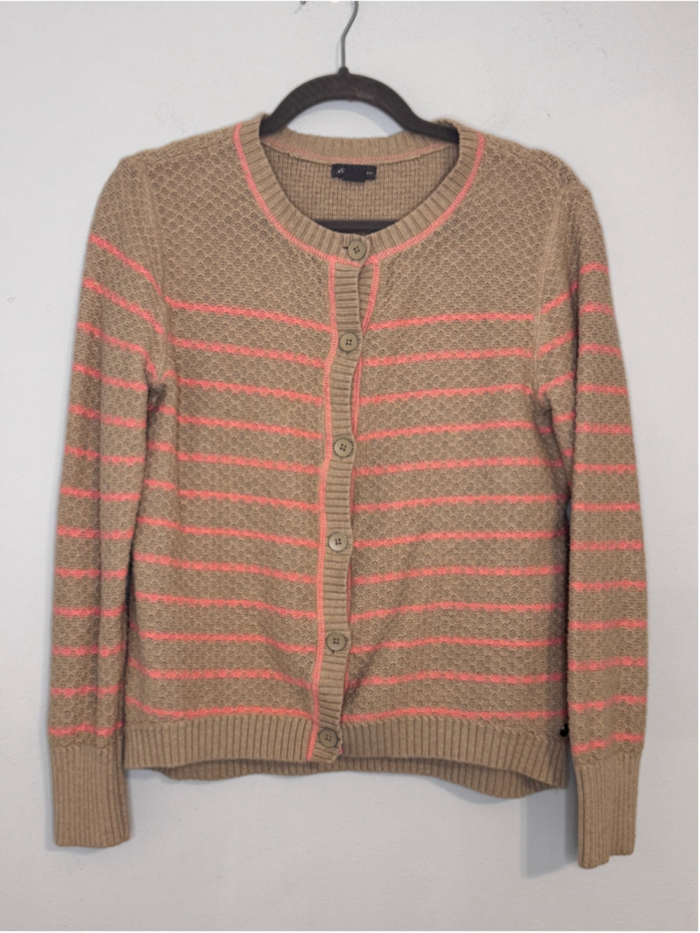 Women's Eddie Bauer Cardigan Sweater Medium Beige Pink Striped Cotton